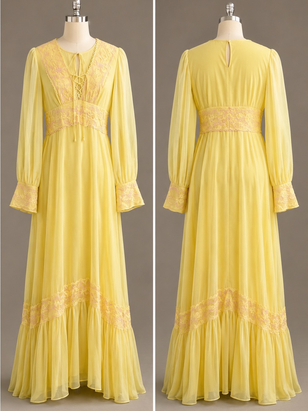 Vintage 1970s Pastel Yellow Maxi Dress